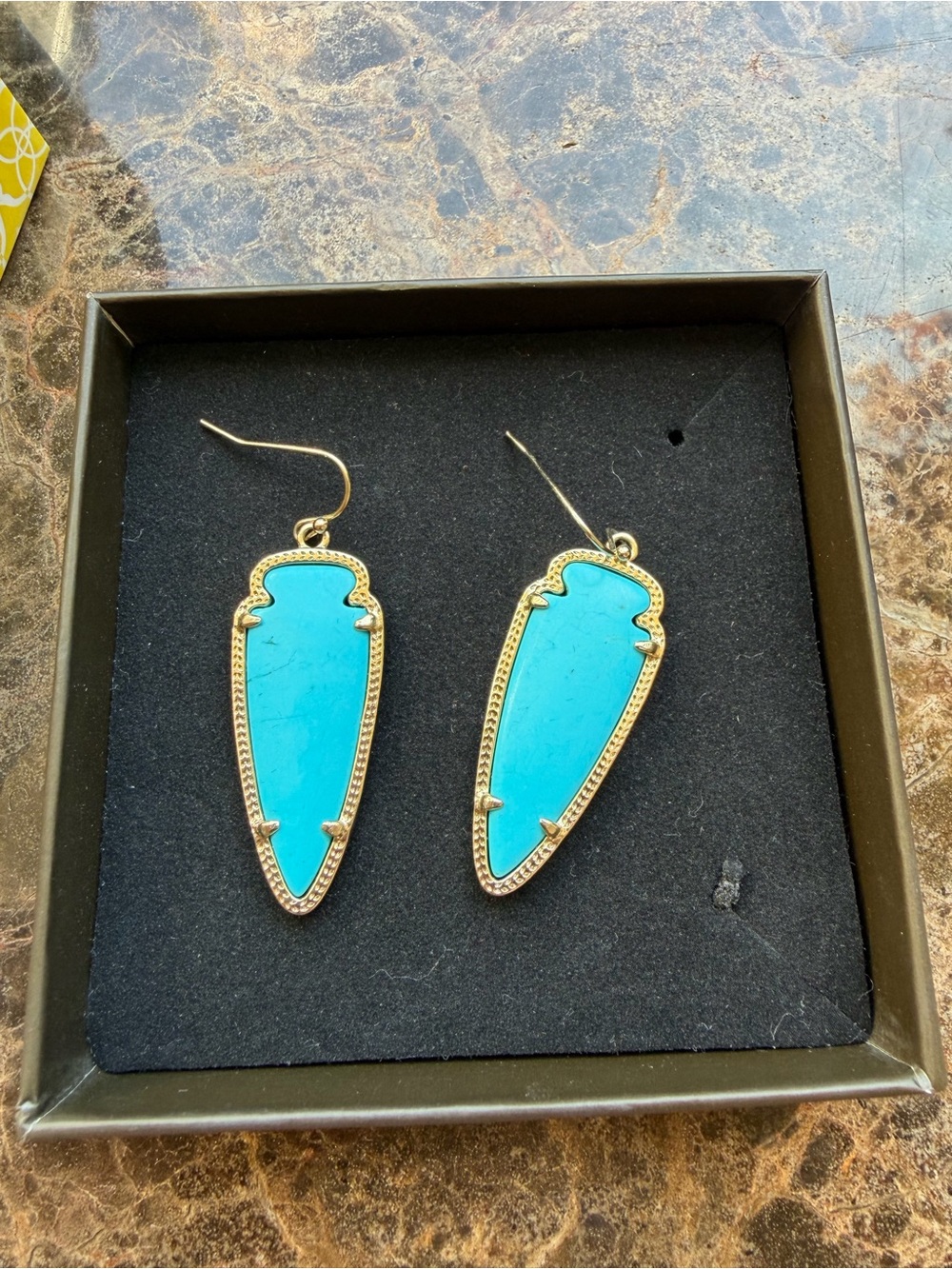 Kendra Scott Turquoise Blue Gold-Trim Arrowhead Drop Earrings